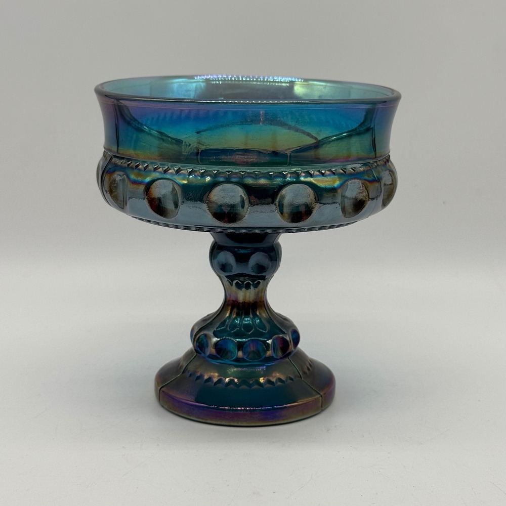 Vintage Indiana Glass Blue Carnival Kings Crown Pedestal Compote Candy Bowl